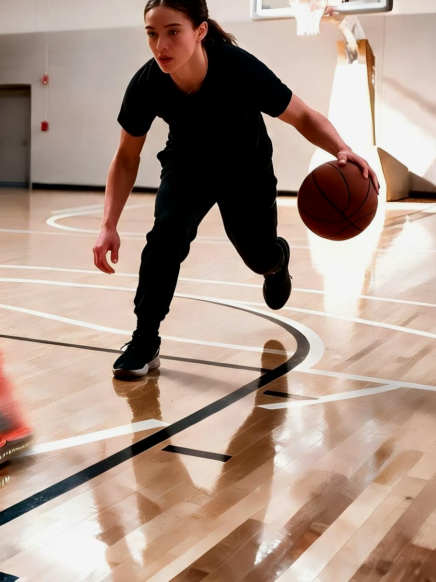 An athlete reading the floor mid-drive