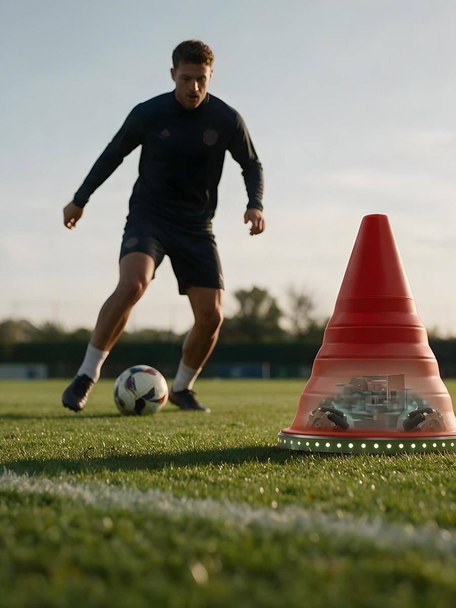 A footballer dribbling at the REAKTA unit on a pitch