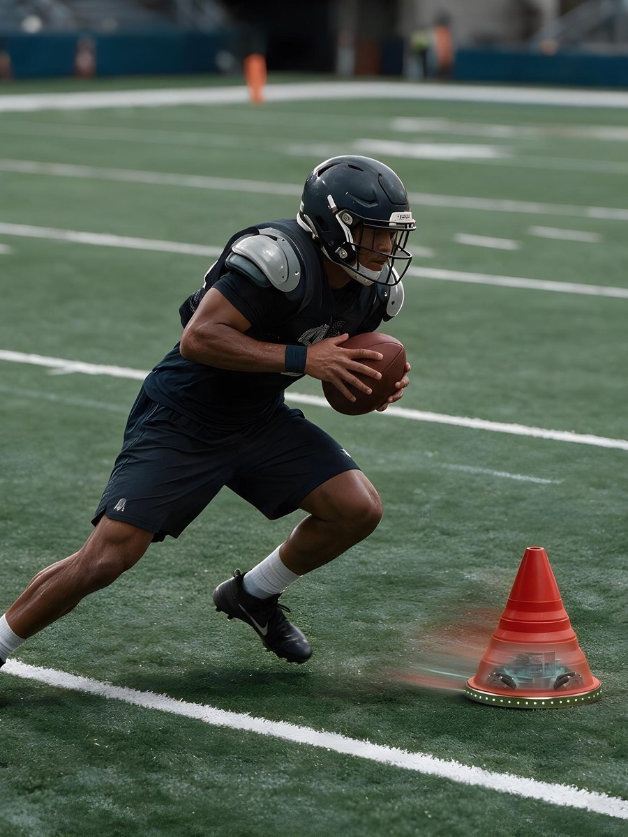 A player cutting past the REAKTA unit on a football field