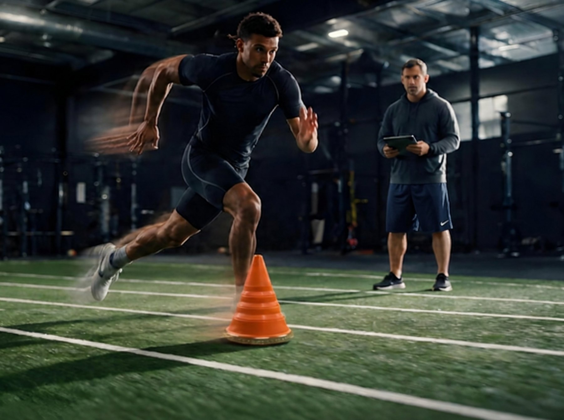An athlete changing direction around the REAKTA unit while a coach watches